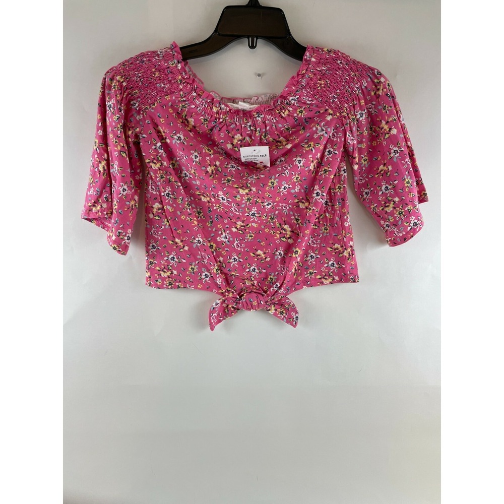 Cloud Chaser Crop Blouse Girls Size Medium Pink Floral Off Shoulder Bell Sleeve